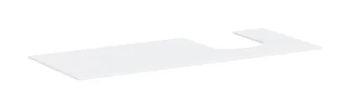 Weiße Konsole von Hansgrohe mit rechteckiger Form und einem seitlichen Ausschnitt. Oberfläche in geschnittenem Design, geeignet für Aufsatzwaschtische.